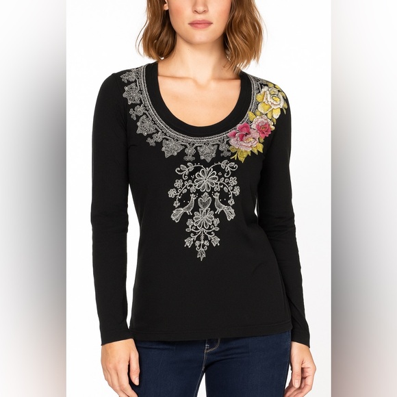 Johnny Was Los Angeles Embroidered Scoop Neck Long Sleeve Shirt - Picture 1 of 5